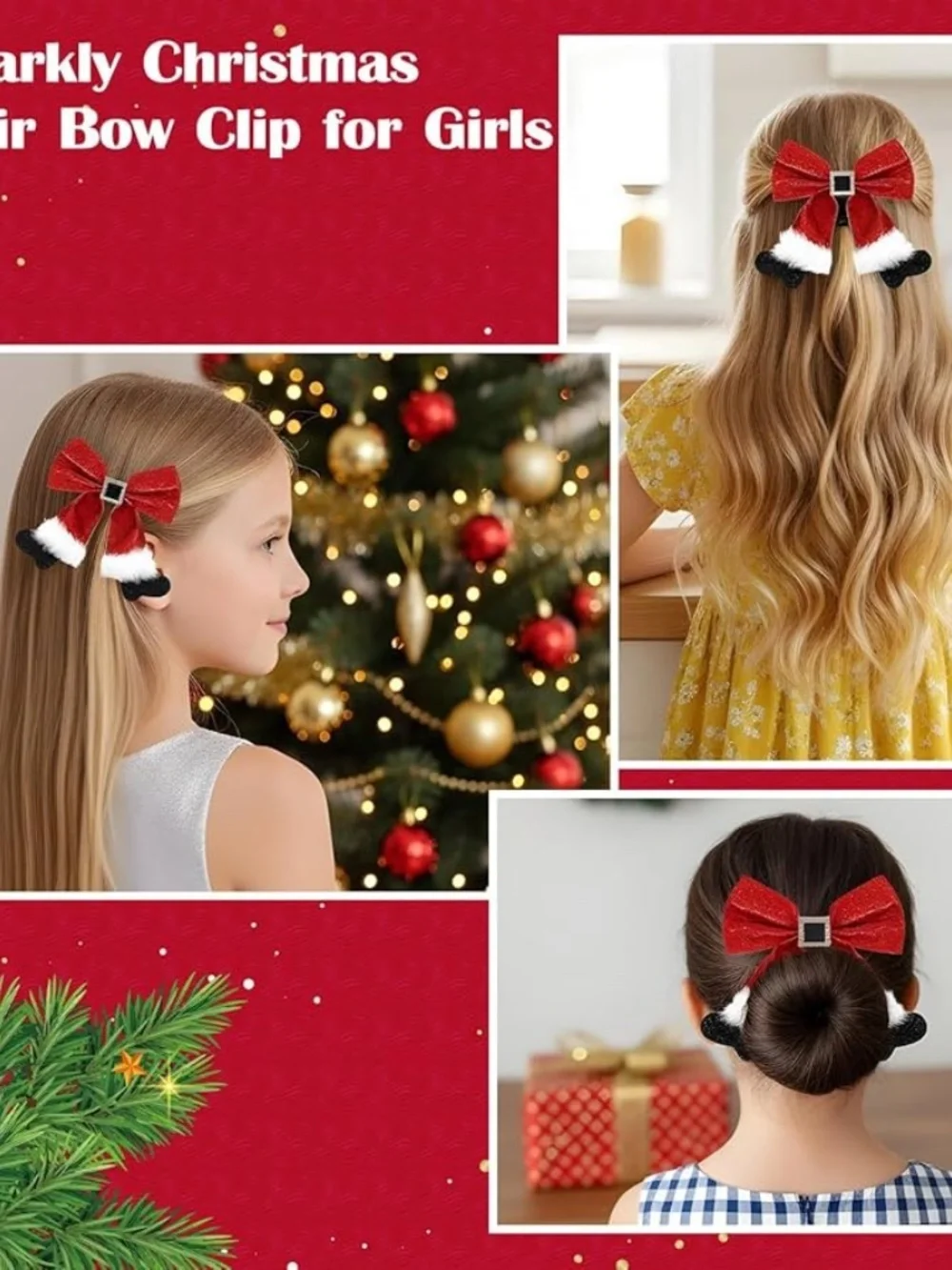 Christmas Glitter Bow Hair Clips Set of 2 Red Green Sequin Santa Holiday NWOT